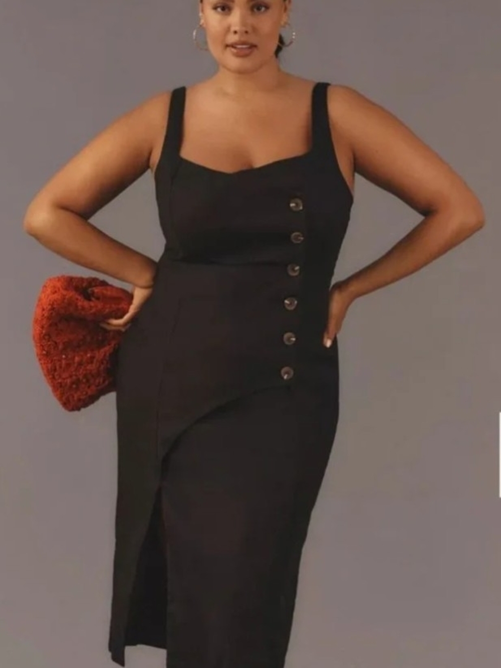 Anthropologie Black Midi Dress with Asymmetric Side Buttons